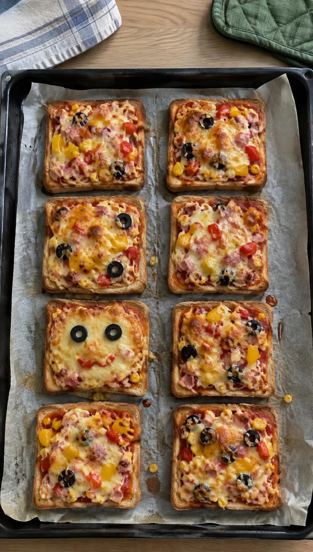 Acht Toast-Pizzen mit goldbraun geschmolzenem Käse auf einem Backblech