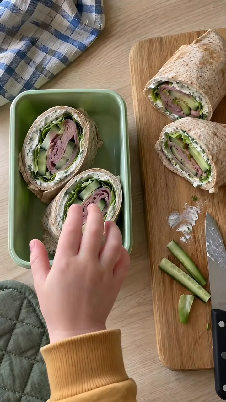 Brotdose mit Wrap-Hälften, eine Kinderhand nimmt eine Hälfte heraus