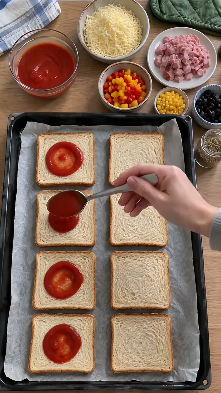 Eine Erwachsenenhand streicht mit einem Esslöffel passierte Tomaten auf Toastscheiben auf dem Backblech, dahinter Schälchen mit Käse, Schinken, Paprika, Mais und Oliven