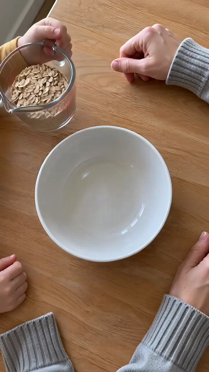 Kinderhand schüttet Haferflocken aus einem Messbecher in eine leere weiße Schüssel