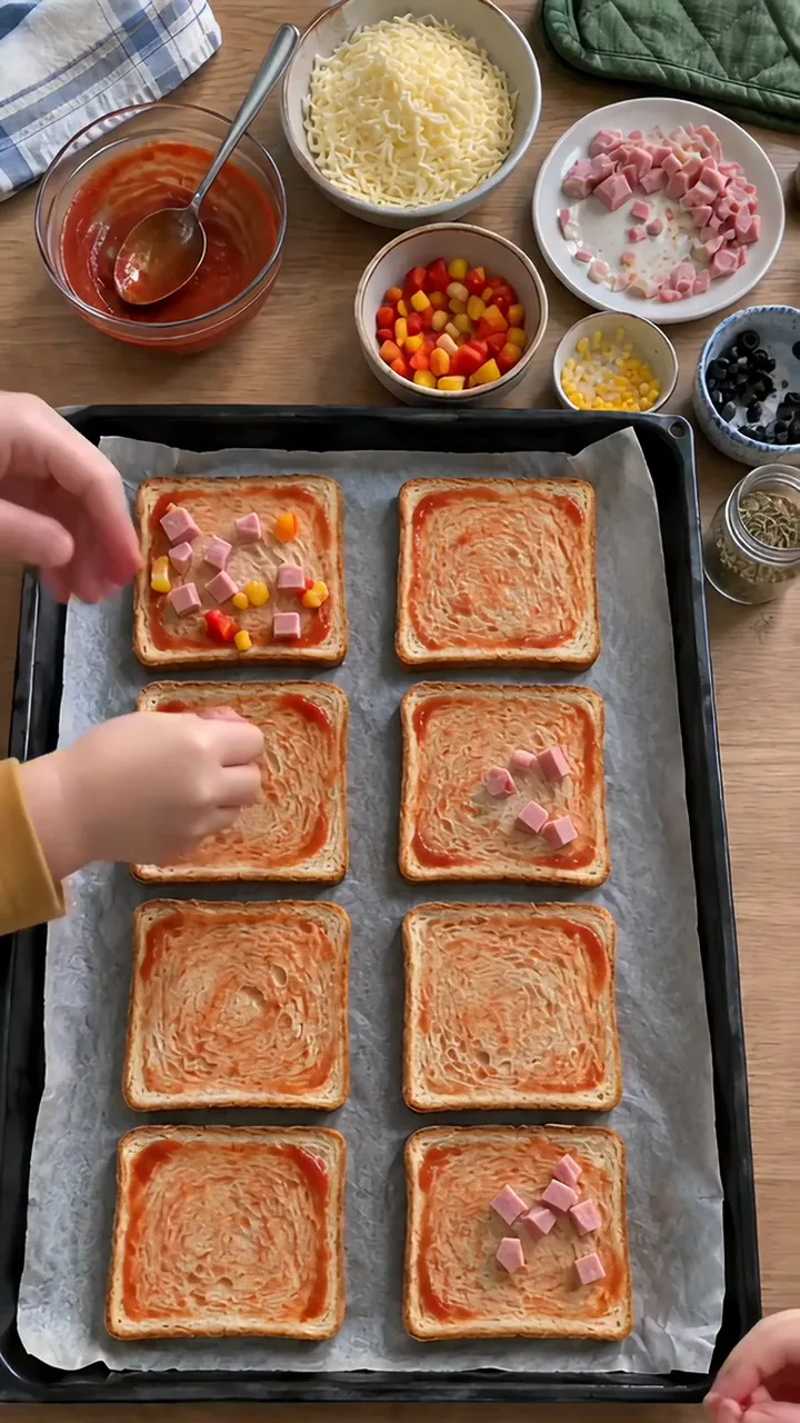 Kinderhände legen Schinkenwürfel und Paprika auf die mit Tomatensoße bestrichenen Toastscheiben