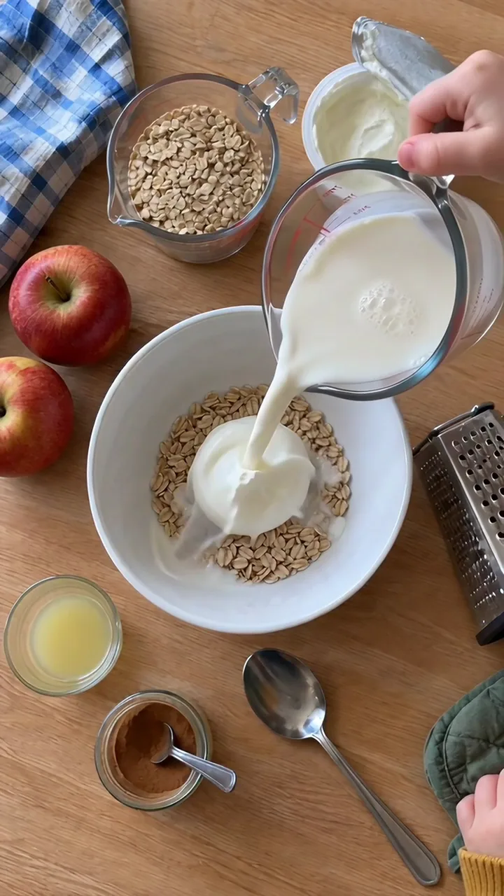Haferflocken und ein Klecks Joghurt in der Schüssel, eine Kinderhand gießt Milch aus einem Krug darüber