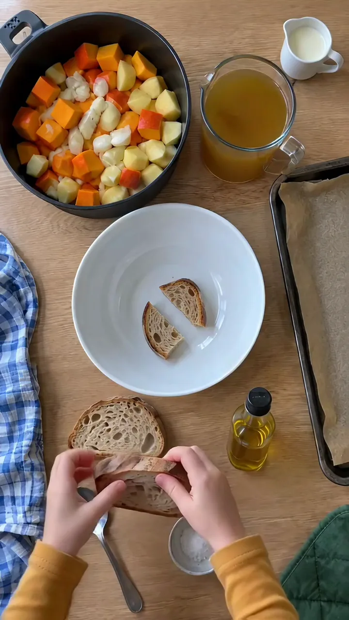 Kinderhände zupfen eine Scheibe altes Brot über einer weißen Schüssel in grobe Stücke