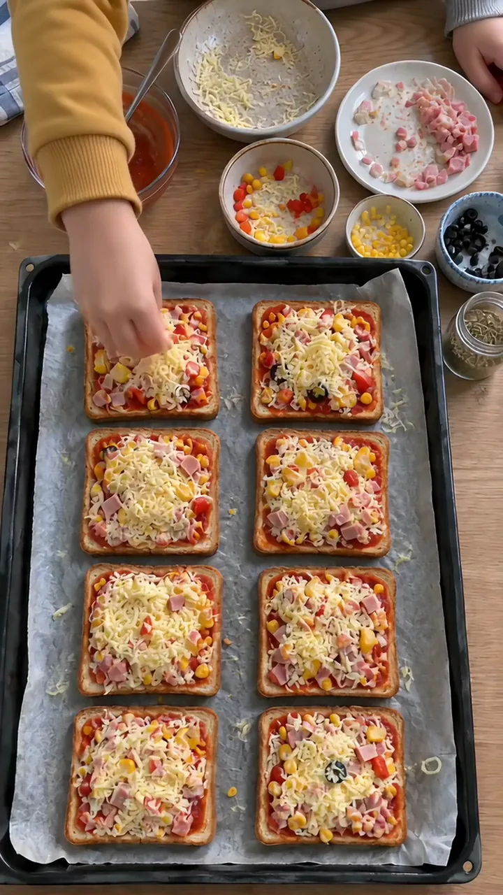 Eine Kinderhand streut geriebenen Käse über die belegten Toastscheiben auf dem Blech