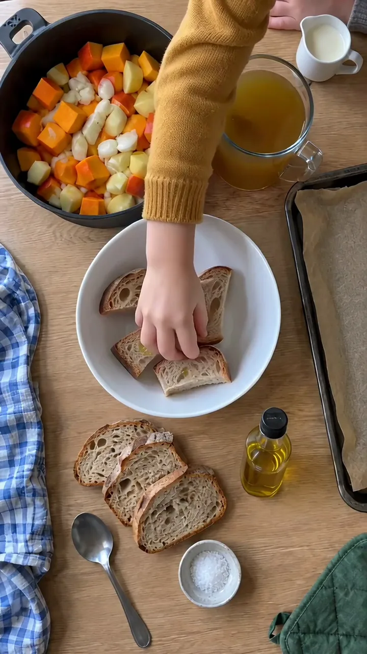 Kinderhand vermischt gezupfte Brotstücke mit Öl und Salz in der Schüssel