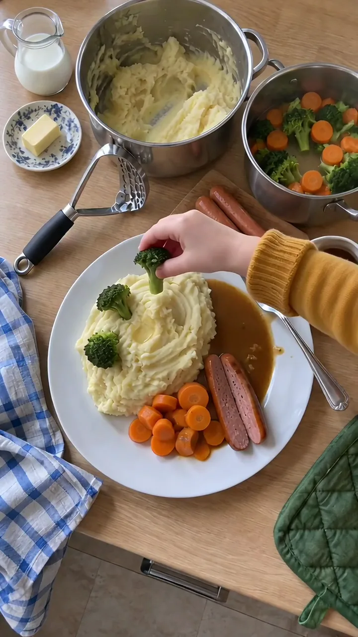 Eine Kinderhand steckt ein Brokkoliröschen wie ein Bäumchen in den Kartoffelbrei auf dem Teller, daneben Möhren, Würstchen und Soße