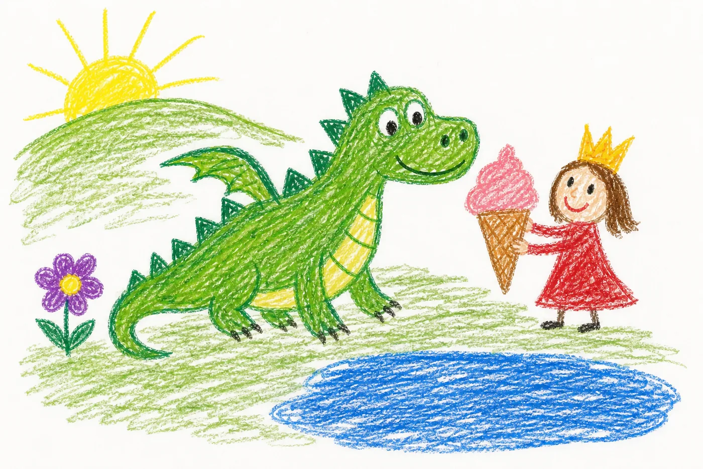 Kinderzeichnung 2: die Prinzessin gibt dem Drachen am See ein riesiges Eis
