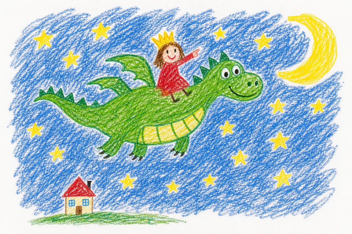 Kinderzeichnung 3: Drache und Prinzessin fliegen durch den blauen Nachthimmel mit Mond und Sternen