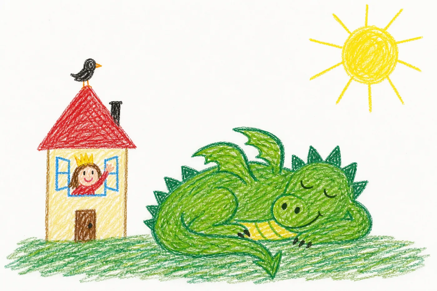 Kinderzeichnung 4: der Drache schläft neben dem Haus, die Prinzessin winkt aus dem Fenster