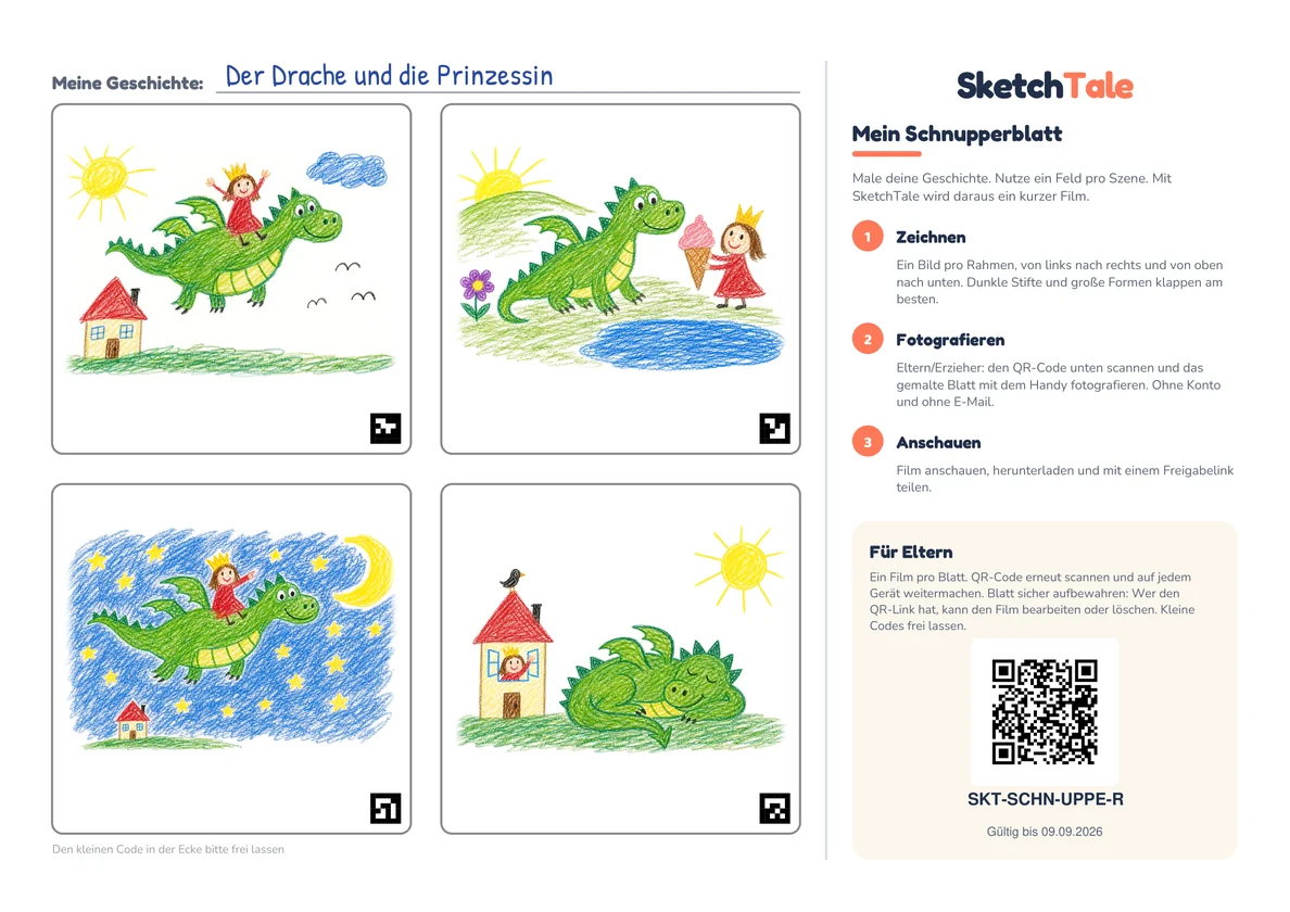 Ein gemaltes Schnupperblatt: links vier Rahmen mit Kinderzeichnungen von einem Drachen und einer Prinzessin, in jeder Ecke ein kleiner Code, rechts die drei Schritte und der QR-Code zum Einlösen