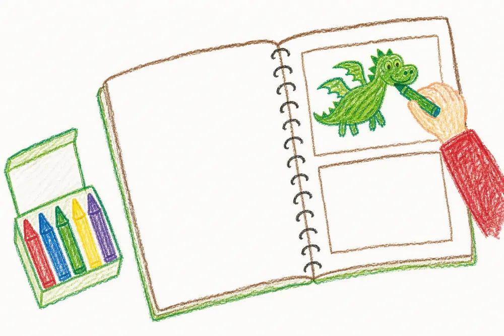Kinderzeichnung: eine Schachtel Wachsmalstifte und ein Blatt mit einer lachenden Sonne